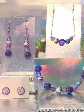 Handmade Purple & Multi Bead Necklace and Earring Set - Unbranded